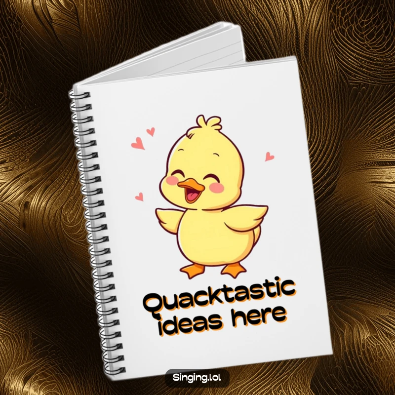 Funny notebook with a cover depicting a giggling duckling character quacking energetically, perfect for capturing funny ideas and notes.