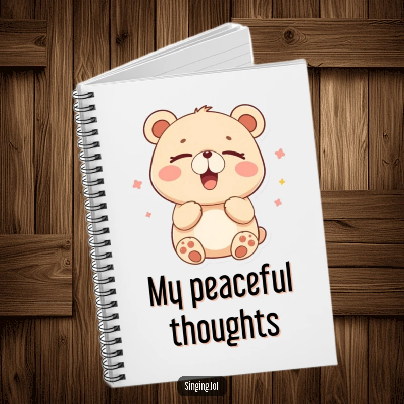 Funny notebook with a happy bear humming contentedly with closed eyes, perfect for jotting down peaceful ideas.