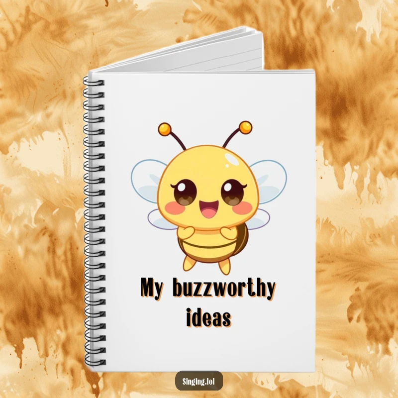 Funny notebook cover with a happy bee character buzzing a high note, inspiring musical thoughts and creative writing.