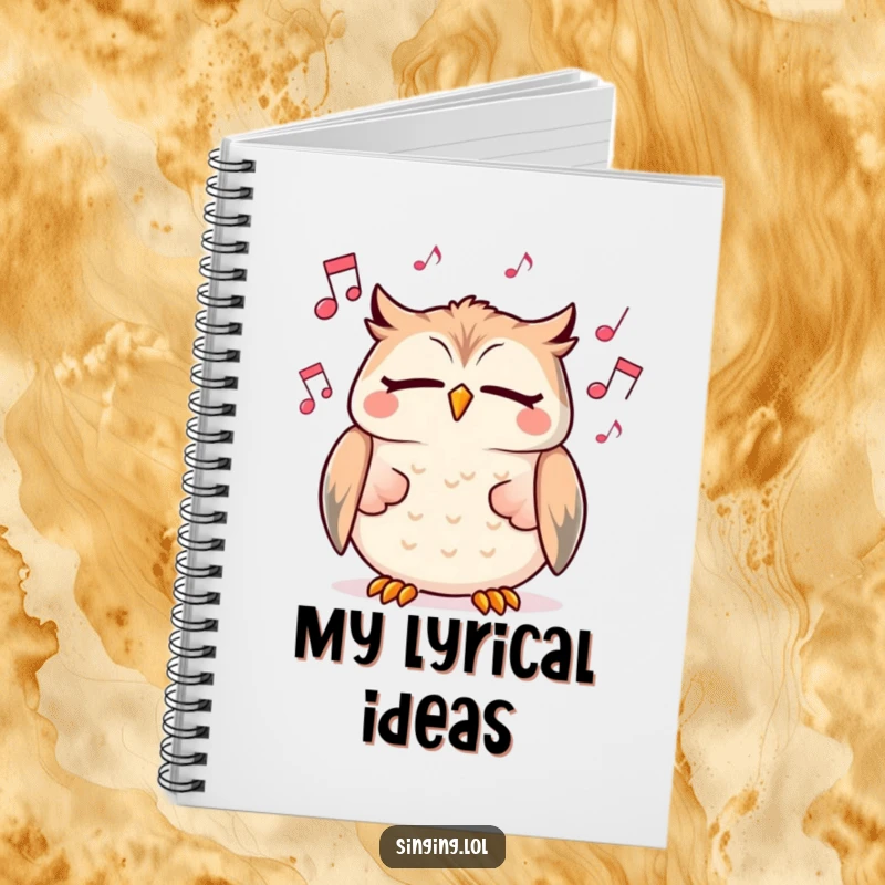 Funny notebook cover featuring a cheerful owl character singing with closed eyes amidst floating musical notes, perfect for creative writing.