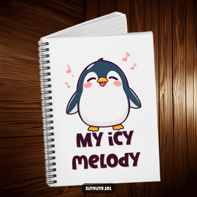 Funny Penguin Singing Notebook, a cute penguin waddling and singing with closed eyes, perfect for note-taking and inspiration.