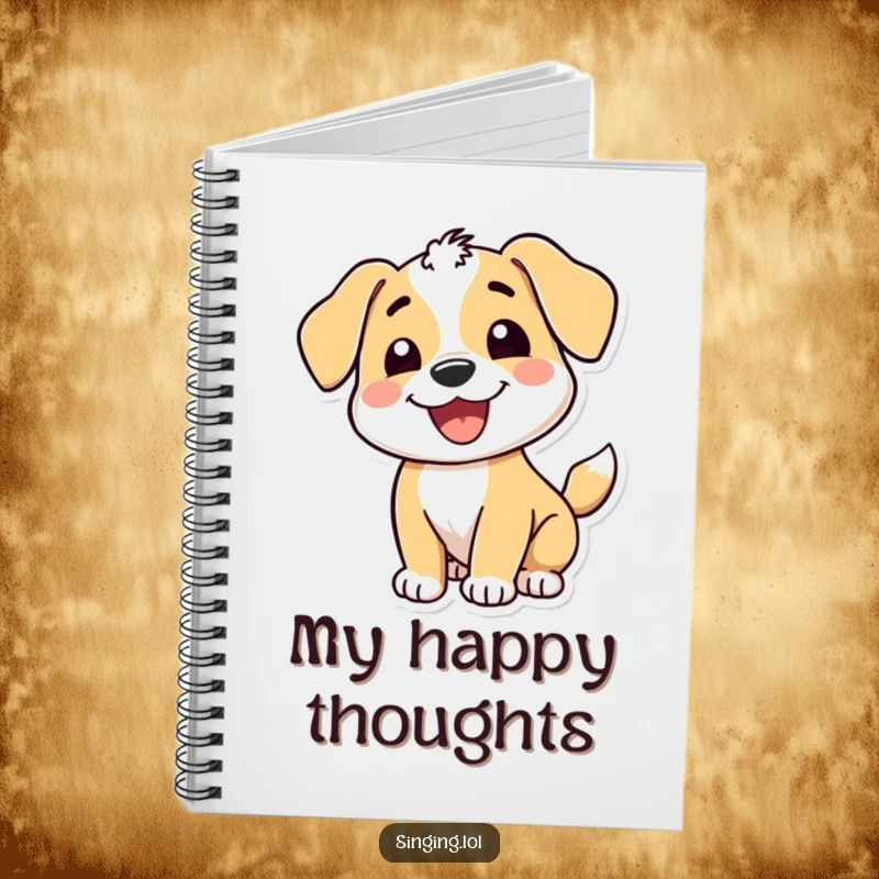 Funny notebook cover featuring a happy puppy character with a wide grin and wagging tail, ideal for writing happy thoughts and notes.
