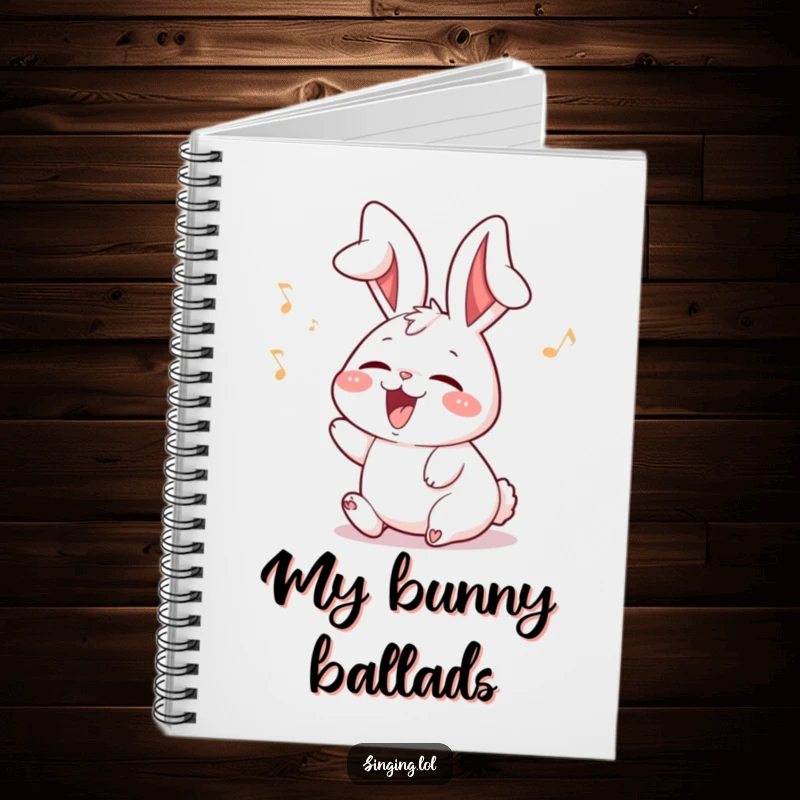Funny rabbit notebook featuring a delighted character with ears flopping while singing, perfect for creative writing.