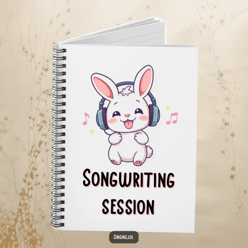 Funny notebook with a rabbit in headphones, singing, designed for capturing song ideas and creative writing with a musical flair.