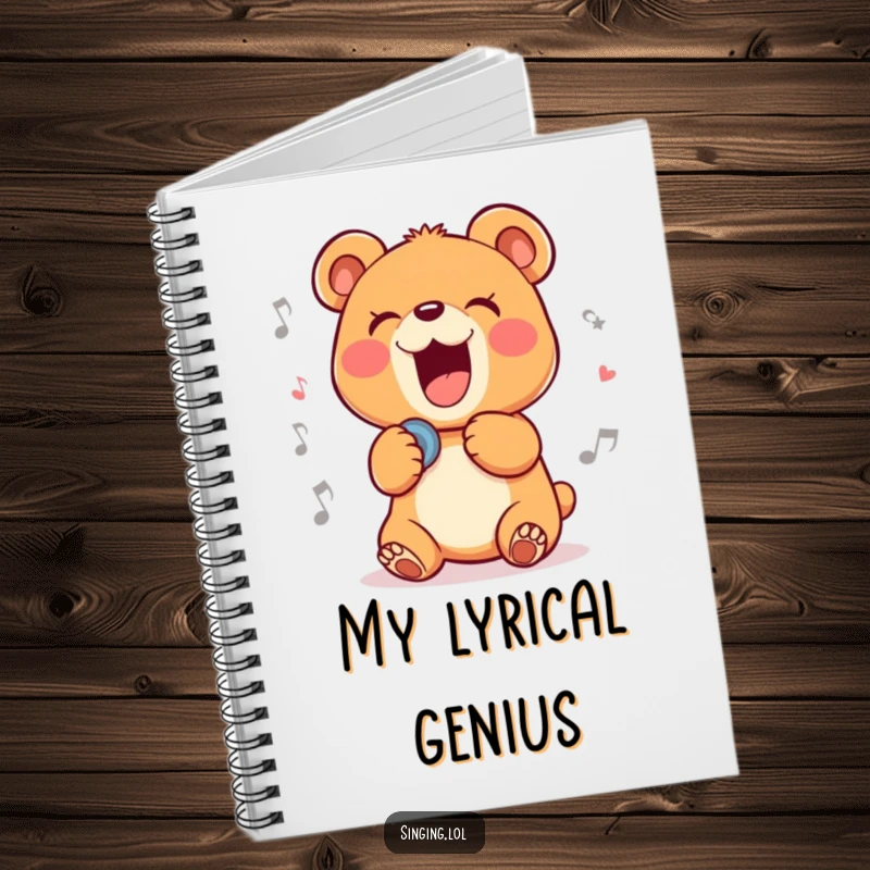 Funny notebook cover with a delighted bear cub character belting out a ballad, ideal for songwriting and creative journaling.