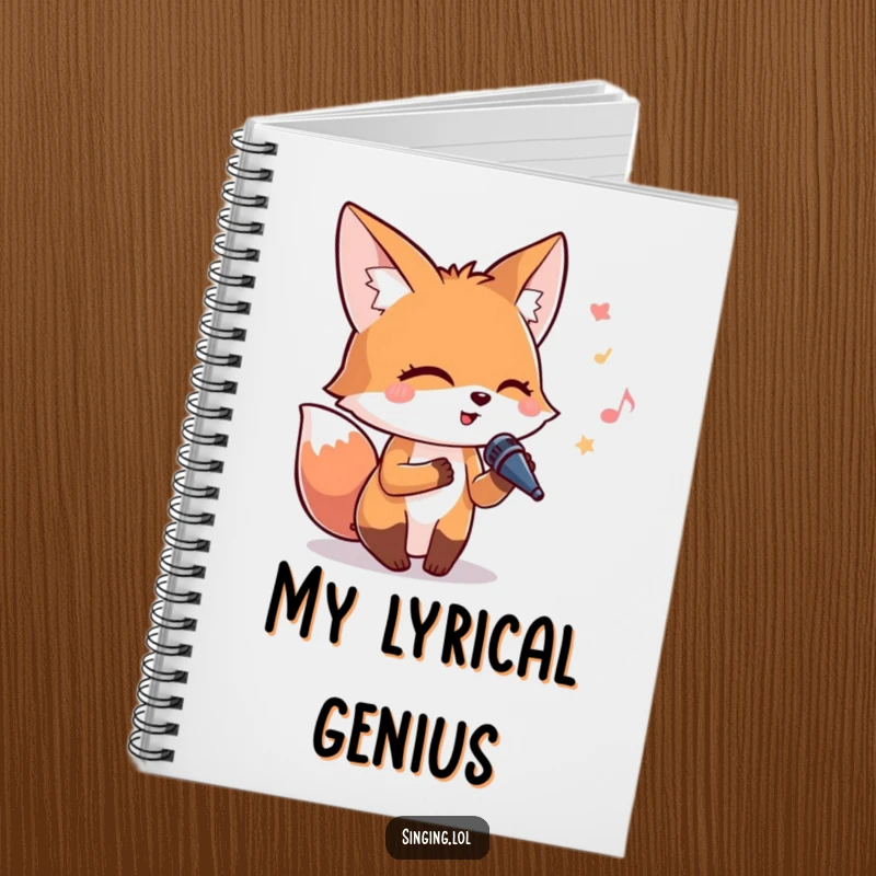 Funny notebook with a happy fox character holding a tiny microphone and singing with eyes closed in pure joy.