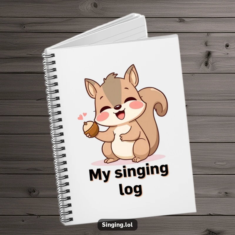 Funny squirrel notebook with a cheerful singing rodent holding a nut, perfect for capturing creative thoughts and daily musings.
