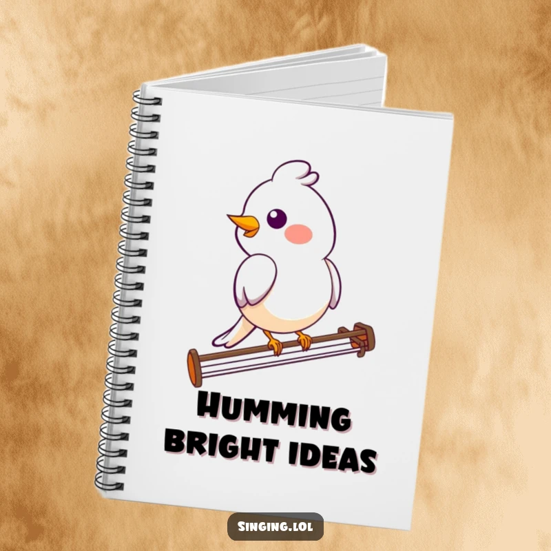Funny bird notebook with a smiling bird character perched on a musical staff, perfect for capturing creative ideas.