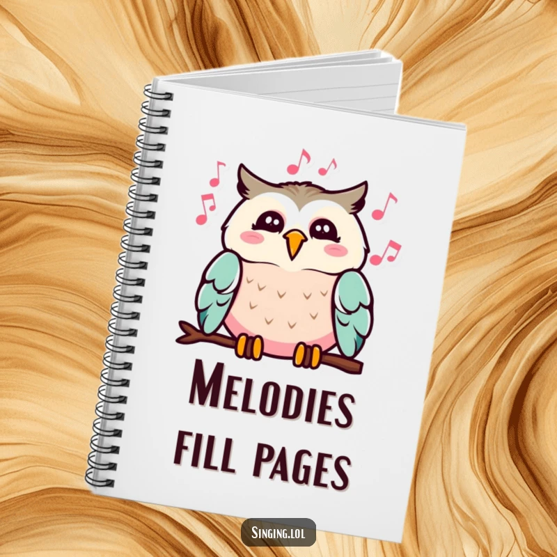 Funny notebook cover featuring a cheerful owl singing with musical notes, ideal for writing notes with a humorous, musical theme.