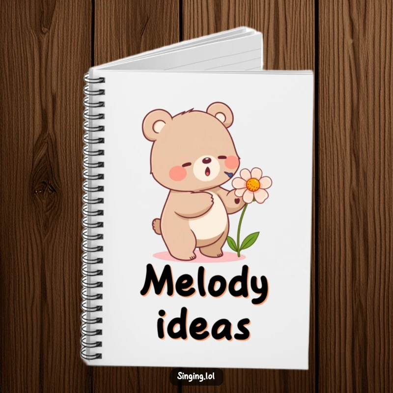 Funny notebook cover featuring a small bear tapping its foot and singing into a flower, encouraging creative thoughts and melodies.