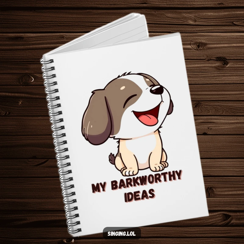 Funny notebook with a joyful dog character howling with its head tilted back, perfect for notes and ideas.