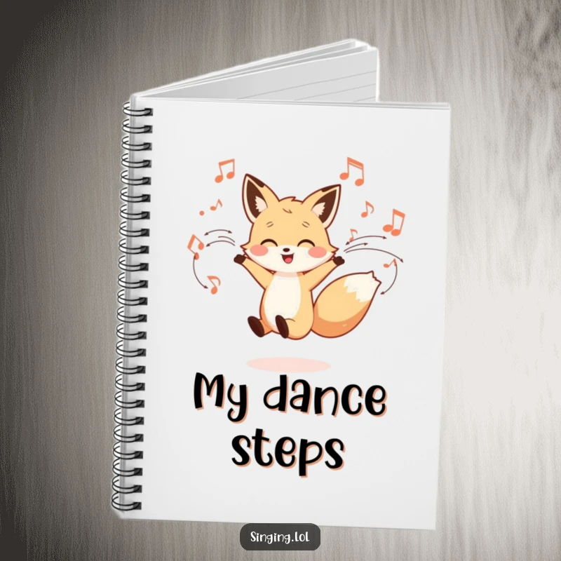 Funny notebook cover featuring a little fox character dancing joyfully with musical notes swirling, ideal for writing song lyrics and creative ideas.