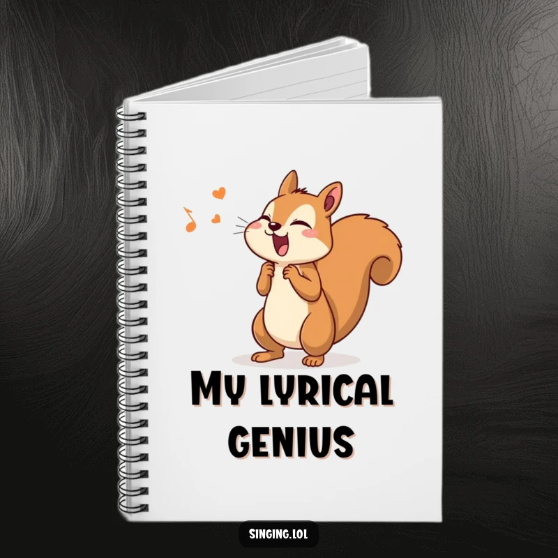 Funny notebook with a determined squirrel singing with gusto and its tail wagging, perfect for capturing ideas.