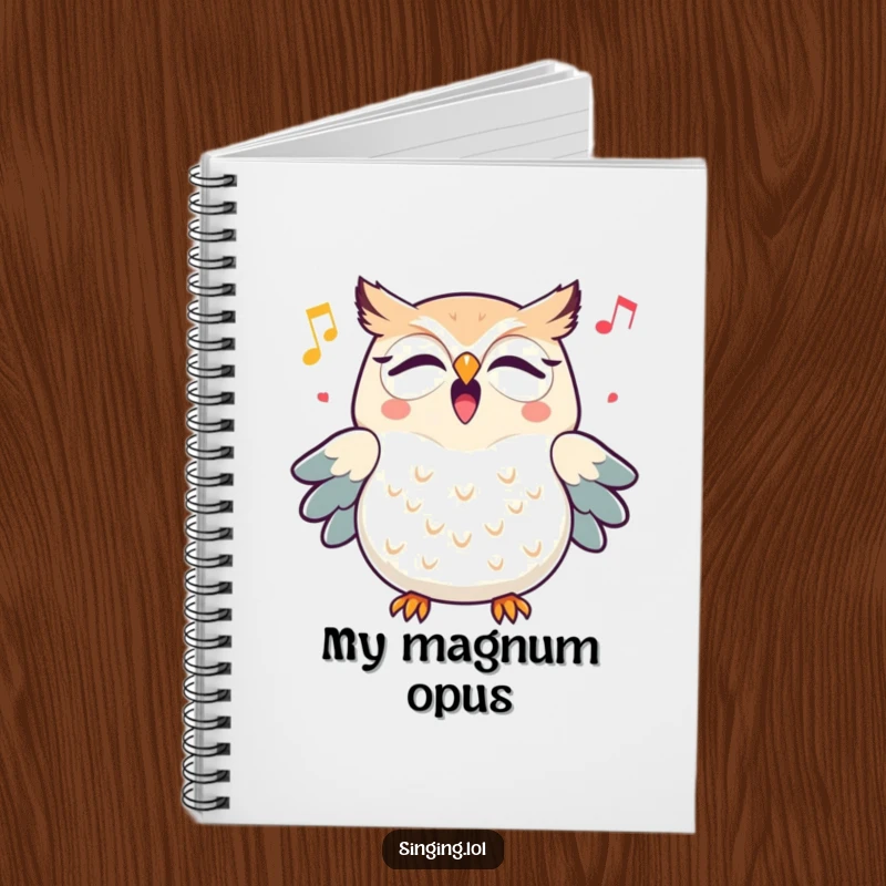 Funny triumphant owl character hooting a cheerful melody, displayed on the cover of a notebook for jotting down brilliant ideas.