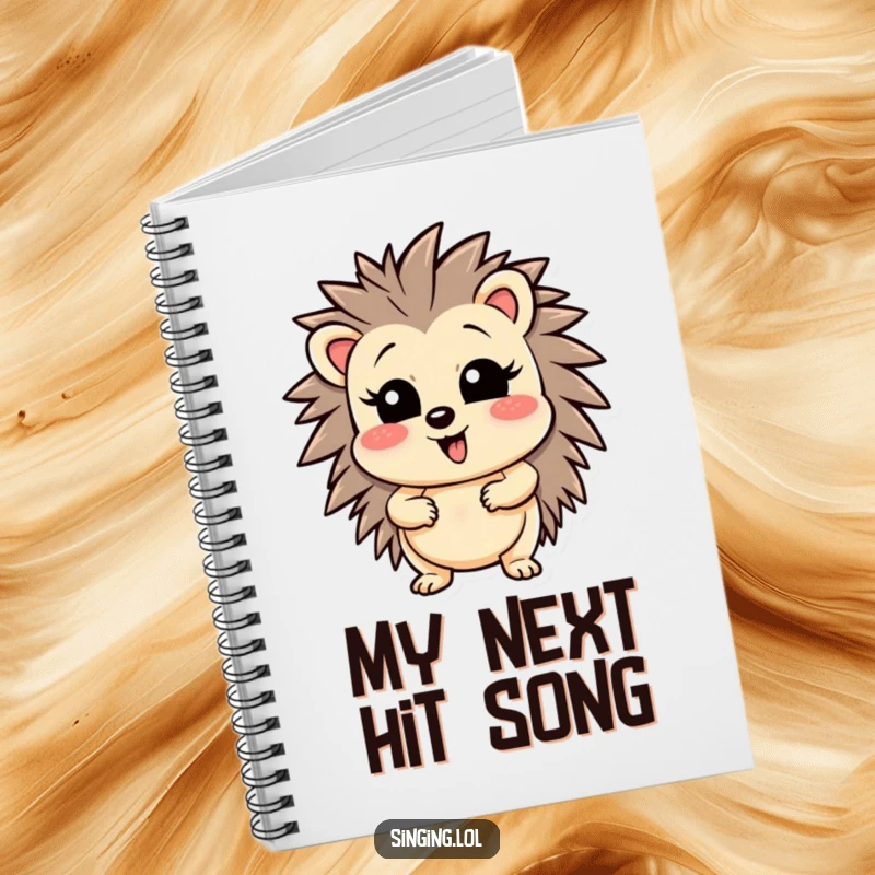 Funny wobbly hedgehog character hitting a high note, displayed on the cover of a notebook for creative jotting.