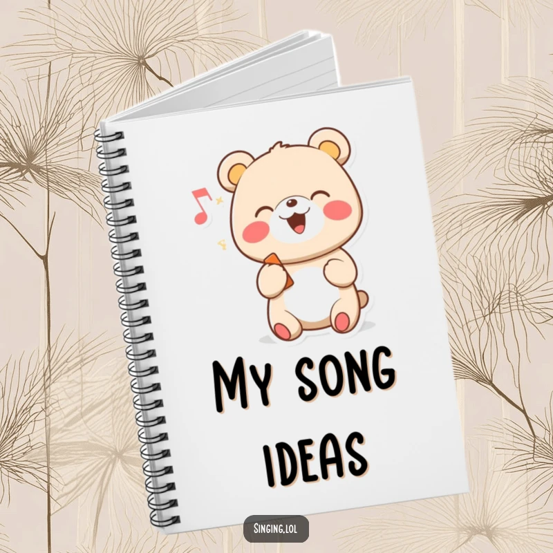 Funny notebook with a cheerful cartoon bear character singing with a musical note, perfect for notes and lyrics.