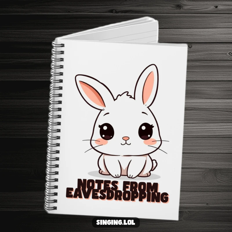 Funny notebook cover with a curious rabbit character with twitching ears, inspiring notes on observations and secrets.