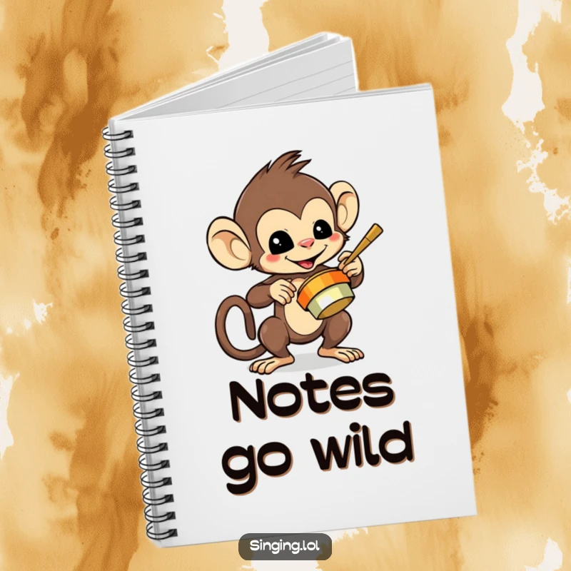 Funny notebook featuring a mischievous monkey character playing cymbals, for jotting down loud ideas.