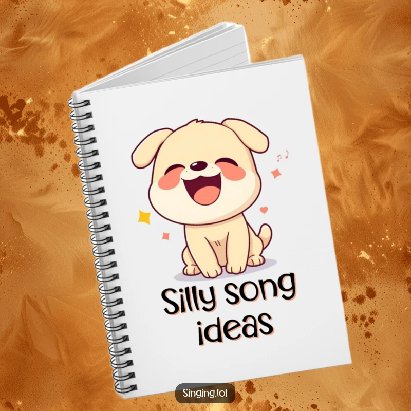Funny notebook cover with a giggling dog character howling a silly song, designed for jotting down ideas with canine charm.