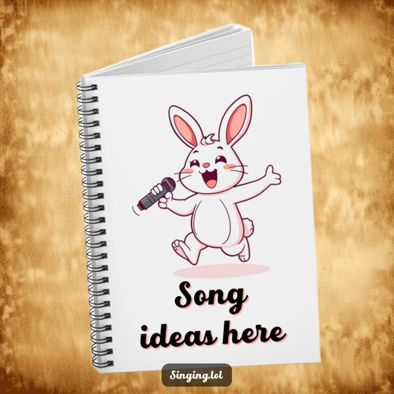 Funny notebook cover featuring a cheerful bunny hopping with a microphone, encouraging creative writing and musical inspiration.