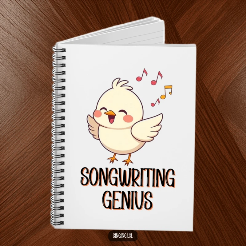 Funny Notebook: A cheerful bird character sings with musical notes, designed for humorous note-taking and songwriting.