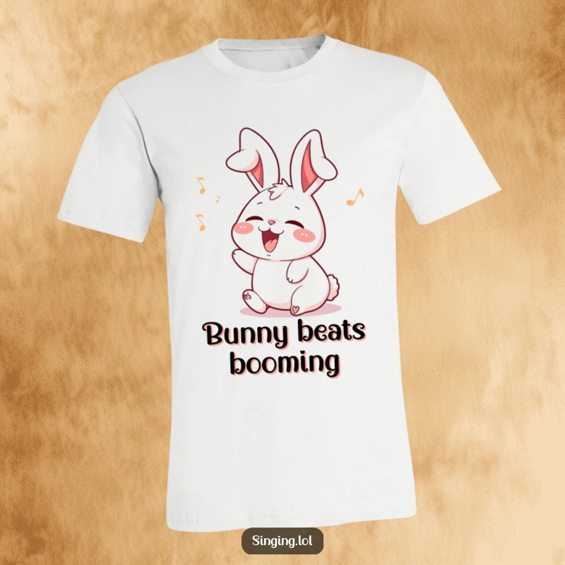 Funny rabbit t-shirt character with ears flopping while singing joyfully, a delightful depiction of musical happiness.