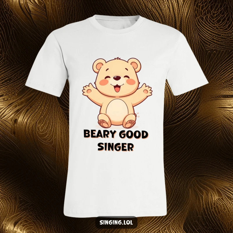Funny happy bear cub character with open arms joining a chorus, printed on a comfortable tee for a joyful and humorous look.
