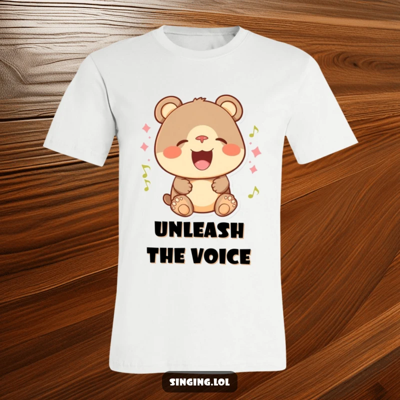 Funny t-shirt of a happy bear cub with a wide grin, singing with all its might and joyful spirit.