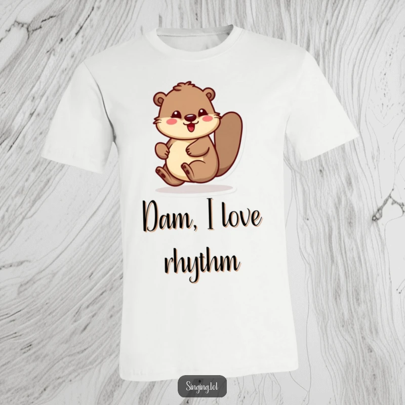 Funny t-shirt depicting a beaver character with infectious energy, bouncing and tapping its foot to a steady, rhythmic beat.