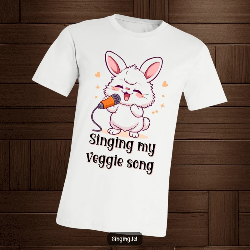 Funny Bunny Singer T-Shirt: A fluffy bunny belts out a tune into a carrot microphone, a whimsical and musical graphic.