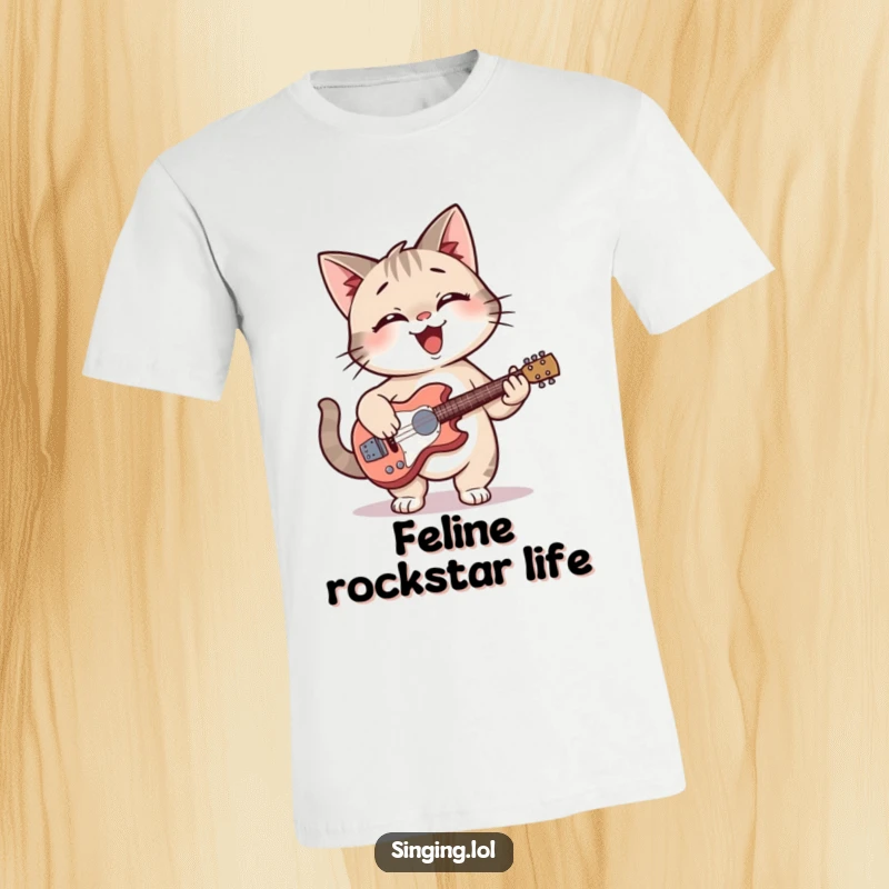Funny giggling cat strumming a miniature guitar with a smile, shown on a comfortable t-shirt.
