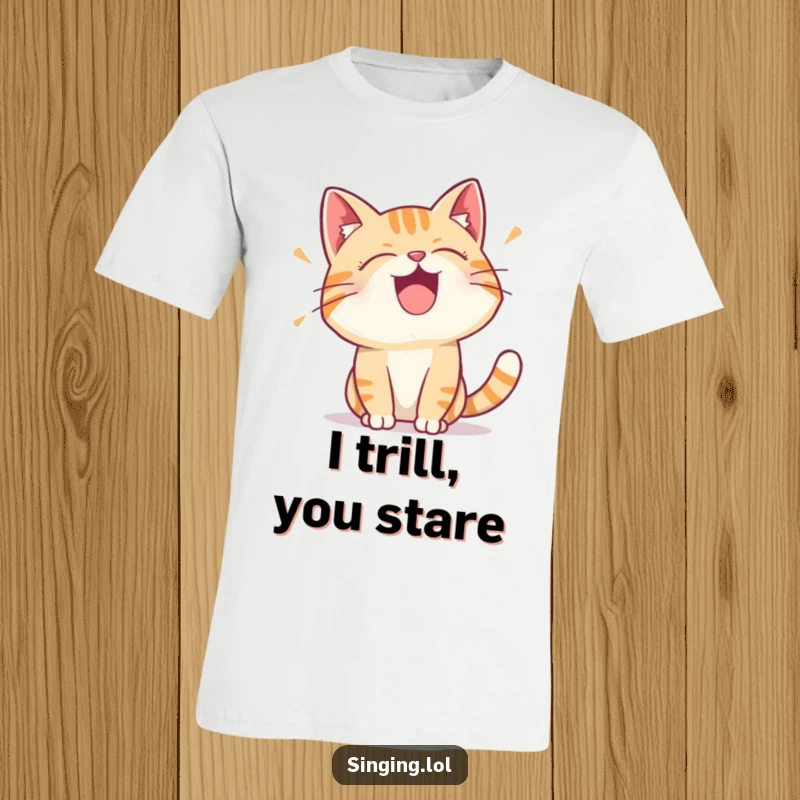 Funny t-shirt graphic of a happy cat character making a cute vocal trill, capturing a moment of pure feline delight.