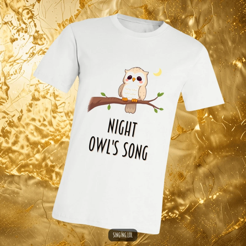 Funny t-shirt featuring a curious owl singing a lullaby on a branch, perfect for conveying a sense of calm and wisdom.