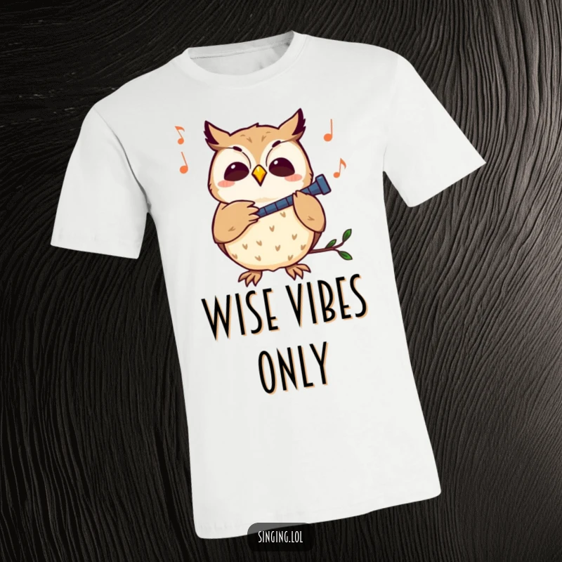 Funny owl t-shirt depicting a curious owl character with closed eyes, joyfully hooting along to an unseen melody.