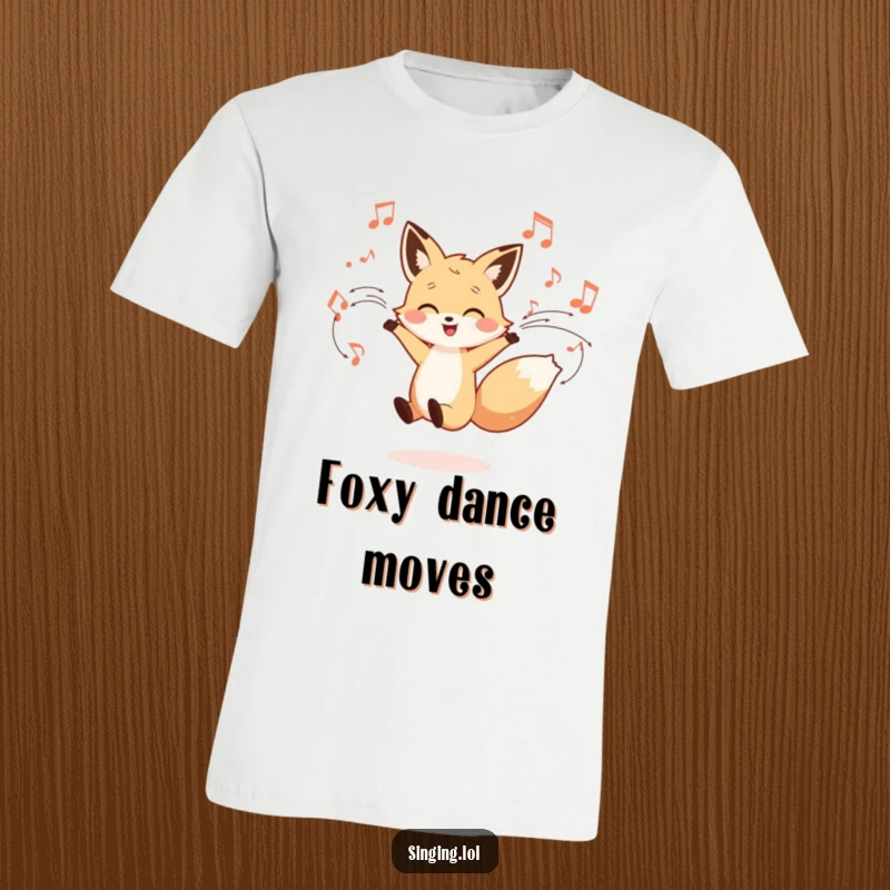 Funny t-shirt showcasing a little fox character dancing joyfully, surrounded by swirling musical notes, a whimsical expression of rhythm.