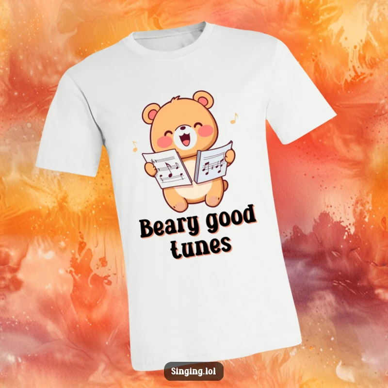 Funny t-shirt featuring a happy bear character harmonizing with sheet music, celebrating the joy of singing.