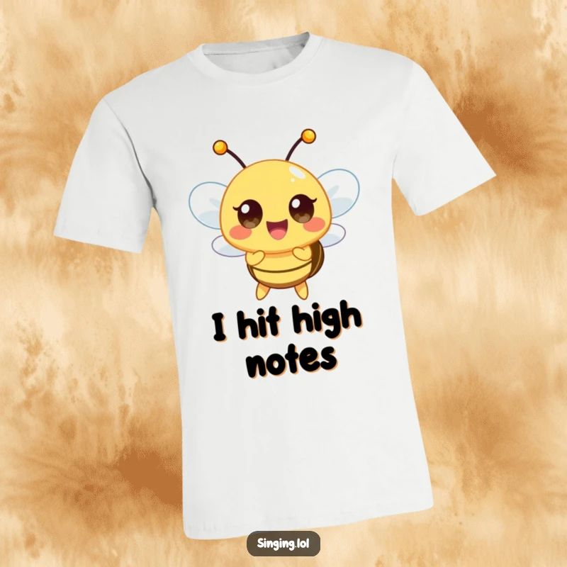 Funny t-shirt with a happy bee character enthusiastically buzzing a high note, conveying a cheerful and musical spirit.