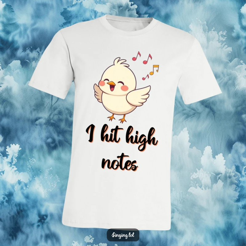 Funny T-Shirt: A happy bird character is singing with musical notes floating around it, a cheerful and vibrant design.