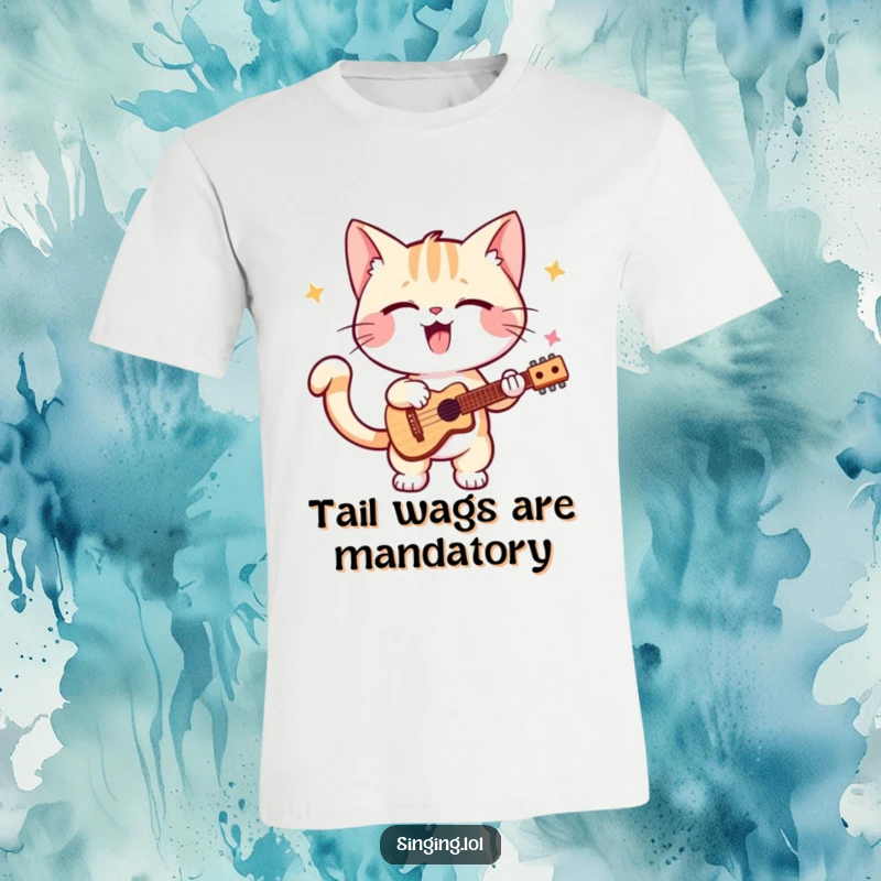 Funny kitten t-shirt, showcasing a playful cat performing a solo with enthusiastic tail wagging, a true musical feline sensation.
