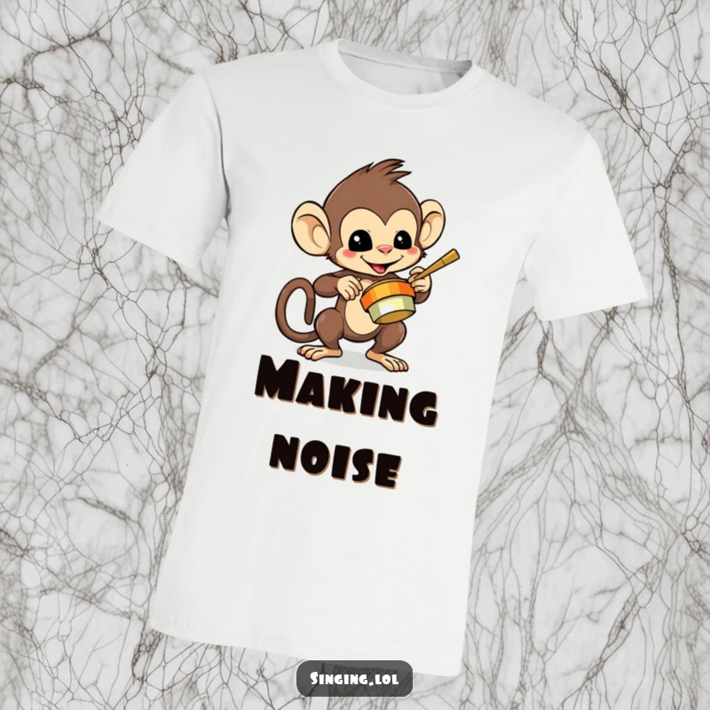 Funny t-shirt with a mischievous monkey character playing cymbals with flair, celebrating energetic fun.