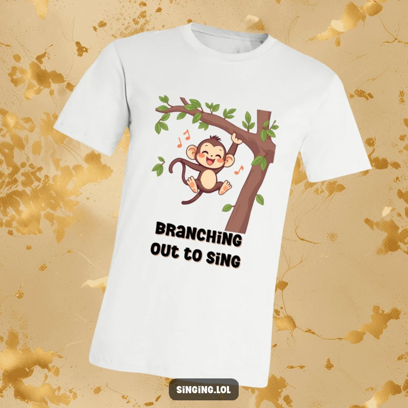 Funny Monkey Singing TShirt, a playful primate mid-swing on a branch, animatedly singing with closed eyes, conveying pure joy.