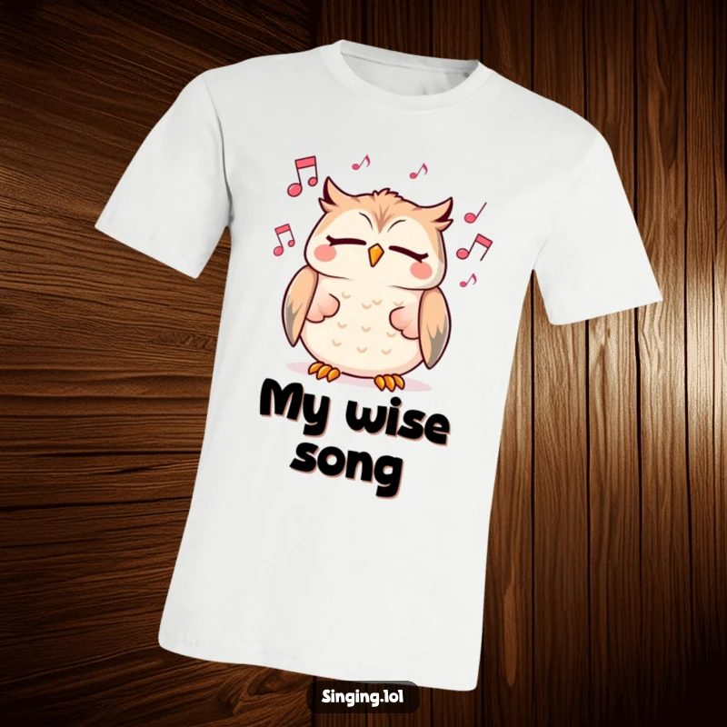 Funny t-shirt depicting a cheerful owl character singing blissfully with closed eyes, with musical notes floating around it.