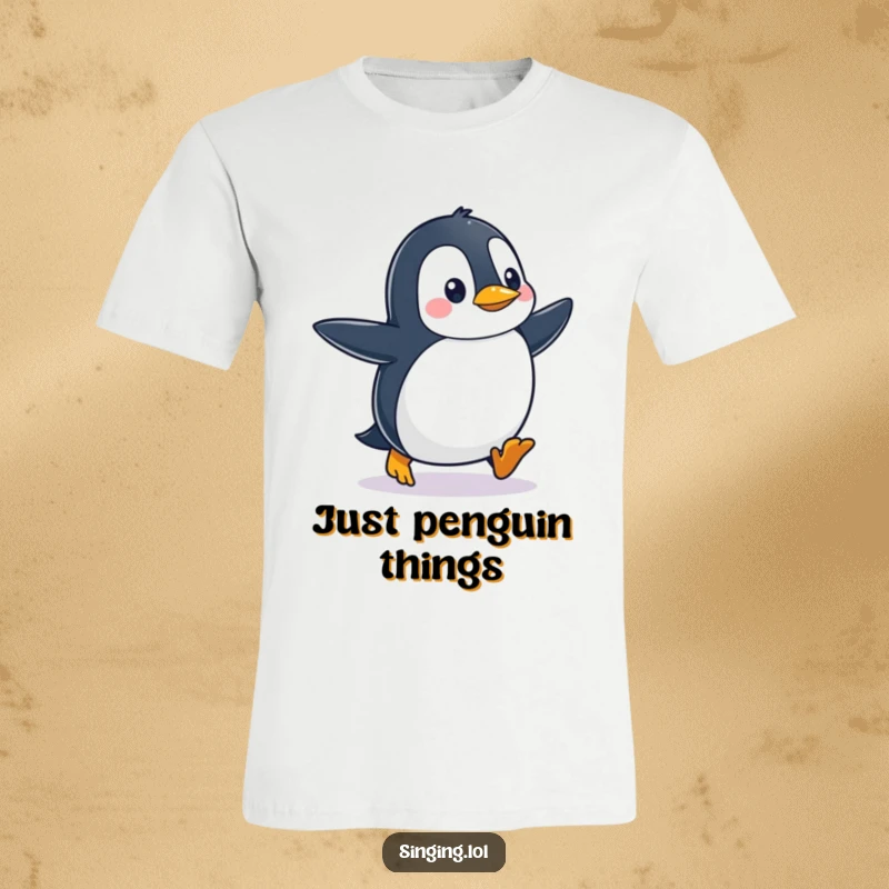 Funny waddling penguin character enthusiastically tapping its feet to a beat, printed on a comfortable t-shirt.