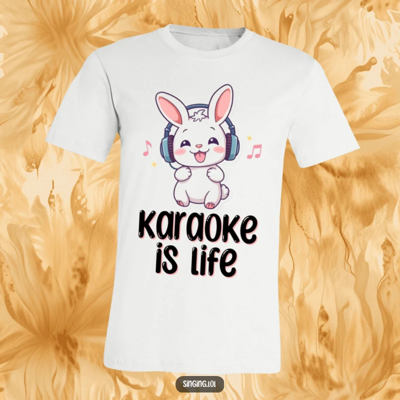 Funny T-Shirt showcasing a happy rabbit wearing headphones, totally absorbed in singing with a microphone, radiating musical enthusiasm.
