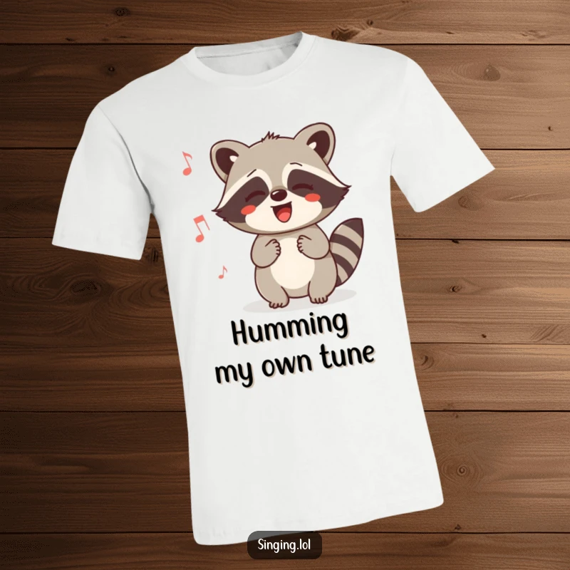 Funny Raccoon Humming T-Shirt: A smiling raccoon with eyes closed, lost in a happy, playful song. Comfortable and comical apparel.
