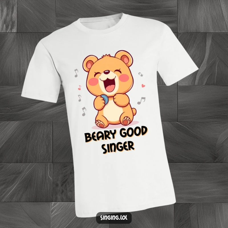 Funny t-shirt depicting a delighted bear cub character intensely belting out a ballad, expressing pure musical joy and passion.