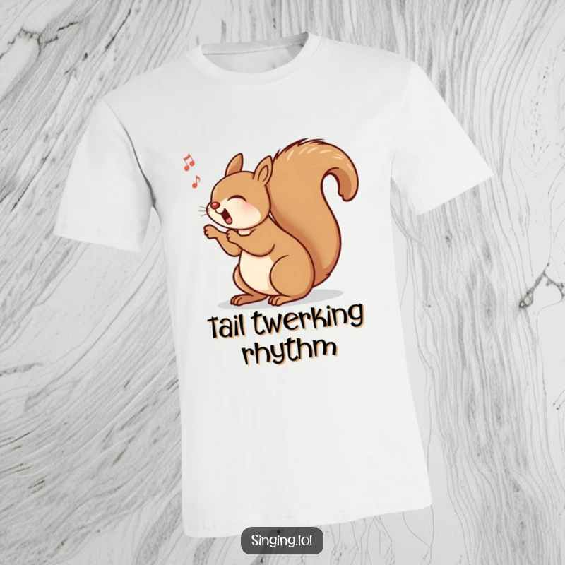 Funny t-shirt featuring a joyful squirrel singing with its bushy tail swinging rhythmically, a vibrant and energetic design.