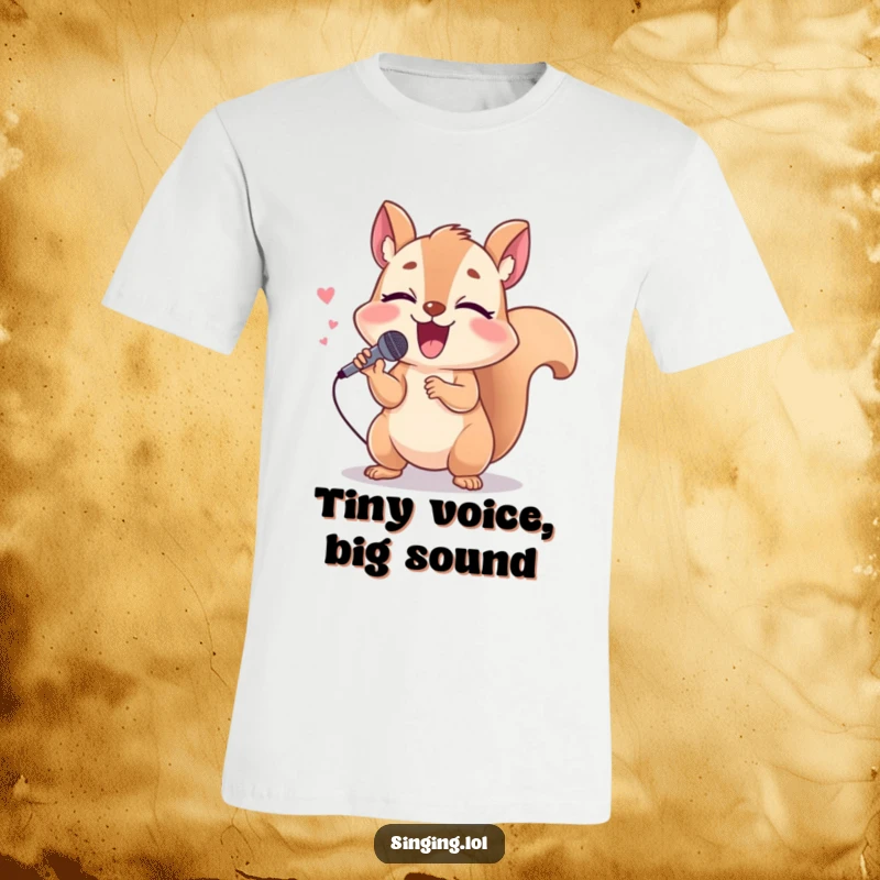 Funny squirrel t-shirt character holding a tiny microphone, singing loudly and giggling, a rockstar in the making.