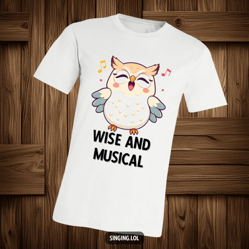 Funny triumphant owl character hooting a cheerful melody, depicted on a comfortable t-shirt, celebrating vocal prowess.