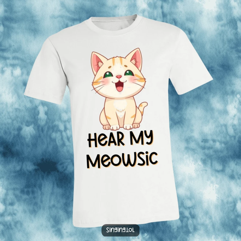 Funny Cat Meowing Tshirt, a curious cat character emitting a high, playful pitch sound, showcasing feline vocalizations.